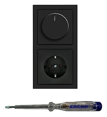 Busch Jäger 6523U-102 LED Drehdimmer Dimmer + Dimmerscheibe 6540-81-102 + Steckdose 20EUC-81 in ANTHRAZIT glänzend inklusive EBROM Phasenprüfer zur Montage der Geräte (6523 U – 102) von EBROM SET IDEE