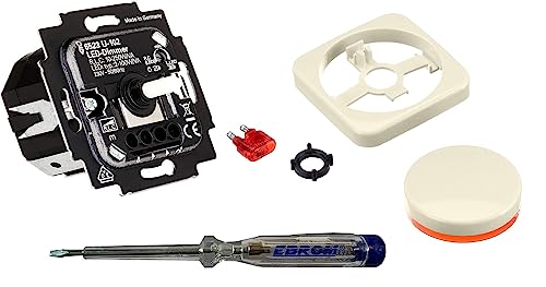 Busch Jäger 6523U-102 LED-Drehdimmer LED-Dimmer mit Dimmerscheibe Zentralplatte 2115-212 in DURO2000 cremeweiß glänzend inklusive EBROM Phasenprüfer zur Montage des Dimmers (6523 U – 102) von EBROM SET IDEE