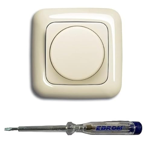 Busch Jäger 6523U-102 LED-Drehdimmer LED-Dimmer mit Dimmerscheibe Zentralplatte 2115-212 und Einfachrahmen in DURO2000 cremeweiß glänzend inklusive EBROM Phasenprüfer zur Montage des Dimmers von EBROM SET IDEE