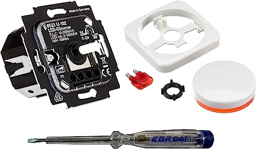 Busch Jäger 6523U-102 LED-Drehdimmer LED-Dimmer mit Dimmerscheibe Zentralplatte 2115-214 in Reflex Si alpinweiß glänzend inklusive EBROM Phasenprüfer zur Montage des Dimmers (6523 U – 102) von EBROM SET IDEE