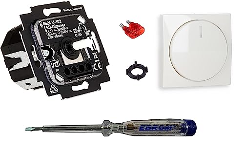 Busch Jäger 6523U-102 LED-Drehdimmer LED-Dimmer mit Dimmerscheibe Zentralplatte 2115-914 in Balance Si alpinweiß glänzend inklusive EBROM Phasenprüfer zur Montage des Dimmers (6523 U – 102) von EBROM SET IDEE