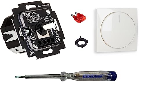Busch Jäger 6523U-102 LED-Drehdimmer LED-Dimmer mit Dimmerscheibe Zentralplatte 2115-914 in Balance Si alpinweiß glänzend inklusive EBROM Phasenprüfer zur Montage des Dimmers (6523 U – 102) von EBROM SET IDEE