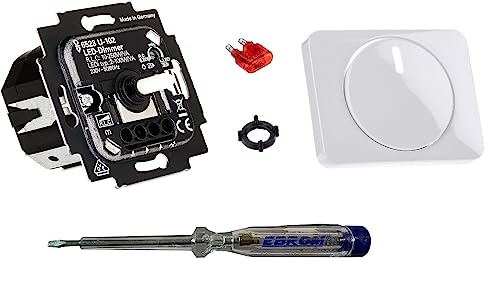 Busch Jäger 6523U-102 LED-Drehdimmer LED-Dimmer mit Dimmerscheibe Zentralplatte 6540-24G in alpha studioweiß glänzend inklusive EBROM Phasenprüfer zur Montage des Dimmers (6523 U – 102) von EBROM SET IDEE