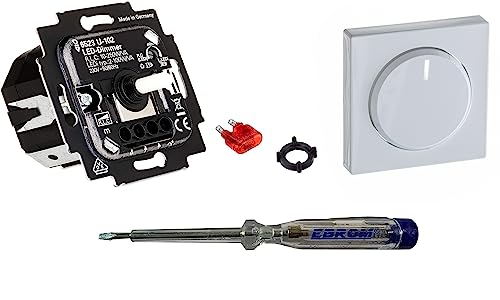 Busch Jäger 6523U-102 LED-Drehdimmer LED-Dimmer mit Dimmerscheibe Zentralplatte 6540-84-102 in Future Linear Studioweiß glänzend inklusive EBROM Phasenprüfer zur Montage des Dimmers (6523 U – 102) von EBROM SET IDEE
