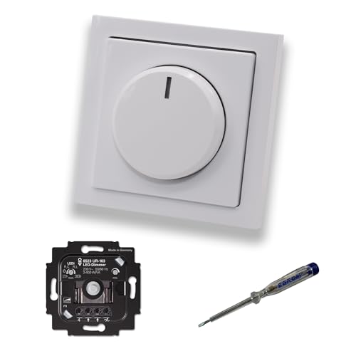 Busch Jäger 6523UR-103 LED-Drehdimmer LED-Dimmer mit Dimmerscheibe Zentralplatte 6540-84-102 Einfachrahmen in Future Linear Studioweiß glänzend + EBROM Phasenprüfer z. Montage des Dimmers 6523 UR-103 von EBROM SET IDEE