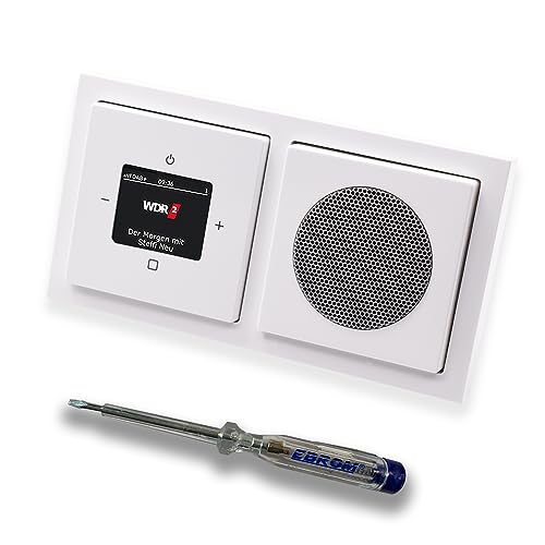 Busch Jäger DAB+ (DAB PLUS) Unterputz Radio 8215U-101 Future Linear Studioweiß, Komplett-Set mit Lautsprecher, Abdeckungen, Rahmen + EBROM Phasenprüfer zur Montage d. Geräte - 8215 U – 101 von EBROM SET IDEE