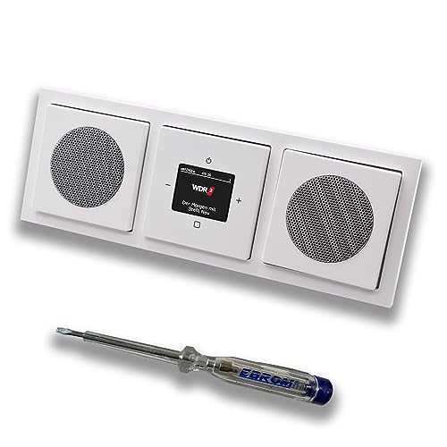 Busch Jäger DAB+ (DAB PLUS) Unterputz Radio 8215U-101 Future Linear Studioweiß, Set mit 2 x Lautsprecher, Abdeckungen, Rahmen + EBROM Phasenprüfer zur Montage d. Geräte - 8215 U – 101 von EBROM SET IDEE