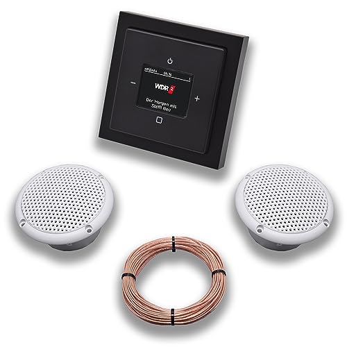 Busch Jäger DAB+ (DAB PLUS) Unterputz Radio 8215U-101 Future SCHWARZ MATT, Komplett-Set mit 2 x Decken Feuchtraumlautsprecher/Badezimmer + 20 m Lautsprecherkabel 2x0,75 mm2 8215U von EBROM SET IDEE