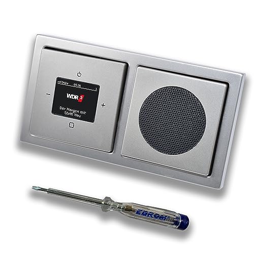 Busch Jäger DAB+ (DAB PLUS) Unterputz Radio 8215U-101 PUR Edelstahl, Komplett-Set mit Lautsprecher, Abdeckungen und Rahmen + EBROM Phasenprüfer zur Montage der Geräte - 8215 U – 101 von EBROM SET IDEE
