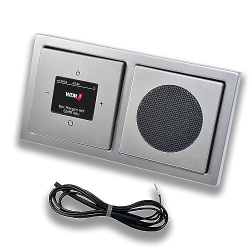 Busch Jäger DAB+ (DAB PLUS) Unterputz Radio 8215U-101 PUR Edelstahl, Set mit Lautsprecher, Abdeckungen und Rahmen + 0,9 m EBROM Wurfantenne zur Empfangsoptimierung - 8215 U – 101 von EBROM SET IDEE
