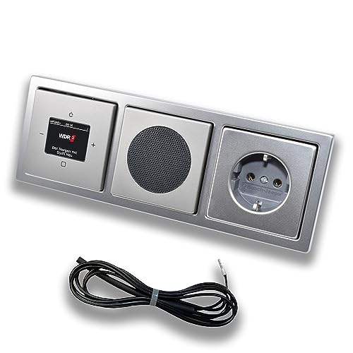 Busch Jäger DAB+ (DAB PLUS) UnterputzRadio 8215U-101 PUR Edelstahl, Set mit Lautsprecher, Abdeckungen, Steckdose mit Kinderschutz, Rahmen + 0,9 m EBROM Wurfantenne zur Empfangsoptimierung - 8215U von EBROM SET IDEE