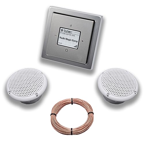 Busch Jäger iNet Internet Unterputz Radio 8216U PUR Edelstahl, Komplett-Set mit 2 x Decken Feuchtraumlautsprecher/Badezimmer + 20 m Lautsprecherkabel 2x0,75 mm2 8216 U Internetradio von EBROM SET IDEE