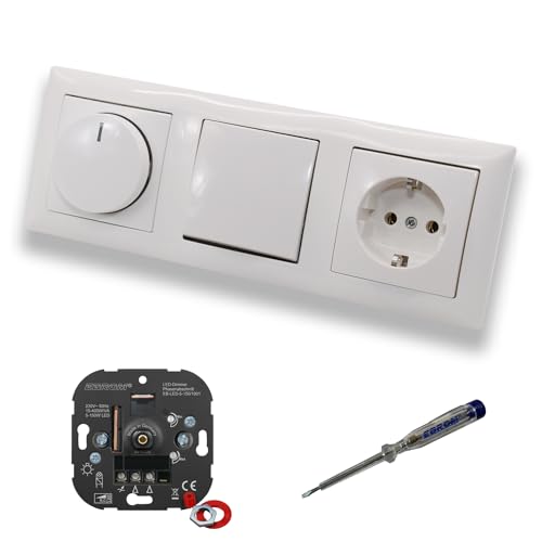 EBROM 1001 LED Drehdimmer Dimmer + Busch Jäger Dimmerscheibe 2115-914 + Taster 2020US + Steckdose 20EUC-914 Balance Si alpinweiß glänzend + EBROM Phasenprüfer z. Montage der Geräte von EBROM SET IDEE