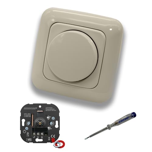 EBROM 1001 LED-Drehdimmer LED Dimmer mit Busch Jäger Dimmerscheibe Zentralplatte 2115-212 Einfachrahmen in DURO2000 cremeweiß glänzend inklusive EBROM Phasenprüfer zur Montage des Dimmers von EBROM SET IDEE