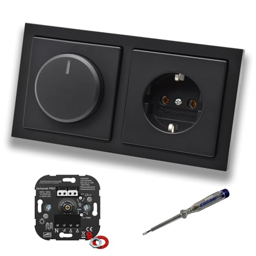 EBROM 1002 Universal PRO LED Drehdimmer Dimmer + Busch Jäger Dimmerscheibe 6540-885-102 und Steckdose 20EUC-885 in Future Linear Schwarz matt inklusive EBROM Phasenprüfer zur Montage der Geräte EBROM 1002 Universal PRO LED Drehdimmer Dimmer + Busch Jäger Dimmerscheibe 6540-885-102 und Steckdose 20EUC-885 in Future Linear Schwarz matt inklusive EBROM Phasenprüfer zur Montage der Geräte von EBROM SET IDEE