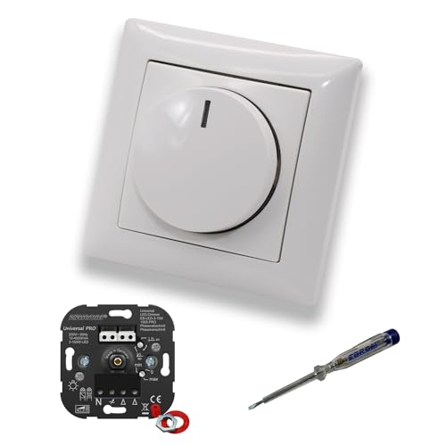 EBROM 1002 Universal PRO LED-Drehdimmer LED Dimmer mit Busch Jäger Dimmerscheibe Zentralplatte 2115-914 Einfachrahmen in Balance Si alpinweiß glänzend + EBROM Phasenprüfer zur Montage des Geräts von EBROM SET IDEE