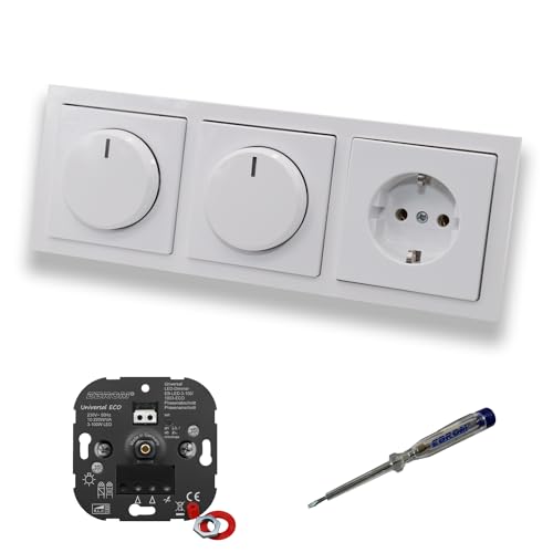 EBROM 1003 Universal ECO (2 x) LED Drehdimmer Dimmer + Busch Jäger Dimmerscheiben 6540-84-102 + Steckdose mit Kinderschutz 20EUCKS-84 in Future Linear Studioweiß + EBROM Phasenprüfer zur Montage von EBROM SET IDEE