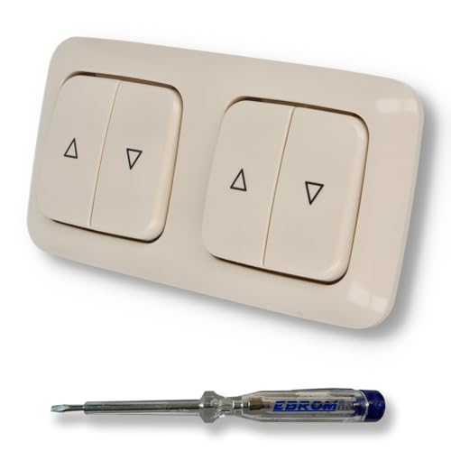 EBROM SET IDEE: BUSCH JÄGER 2 x Jalousieschalter Rolladenschalter 2000/4 US (2000/4US) DURO2000 cremeweiß glänzend Komplettset mit Aufdruck Pfeil auf/ab + EBROM Phasenprüfer zur Montage von EBROM SET IDEE