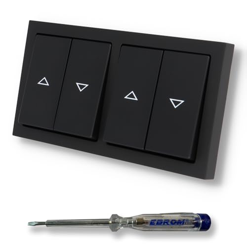 EBROM SET IDEE: BUSCH JÄGER 2 x Jalousieschalter Rolladenschalter 2000/4 US (2000/4US) Future Linear schwarz matt Komplettset mit Aufdruck Pfeil auf/ab + EBROM Phasenprüfer zur Montage von EBROM SET IDEE