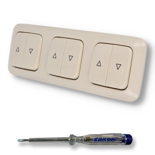 EBROM SET IDEE: BUSCH JÄGER 3 x Jalousieschalter Rolladenschalter 2000/4 US (2000/4US) DURO2000 cremeweiß glänzend Komplettset mit Aufdruck Pfeil auf/ab + EBROM Phasenprüfer zur Montage von EBROM SET IDEE
