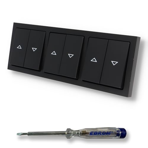 EBROM SET IDEE: BUSCH JÄGER 3 x Jalousieschalter Rolladenschalter 2000/4 US (2000/4US) Future Linear schwarz matt Komplettset mit Aufdruck Pfeil auf/ab + EBROM Phasenprüfer zur Montage von EBROM SET IDEE