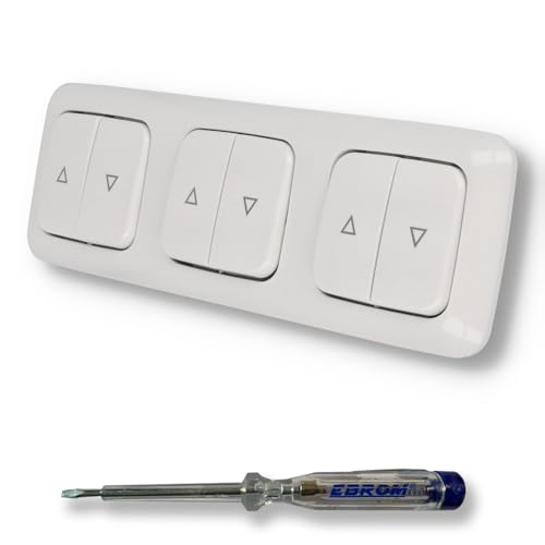 EBROM SET IDEE: BUSCH JÄGER 3 x Jalousieschalter Rolladenschalter 2000/4 US (2000/4US) Reflex Si alpinweiß glänzend Komplettset mit Aufdruck Pfeil auf/ab + EBROM Phasenprüfer zur Montage von EBROM SET IDEE