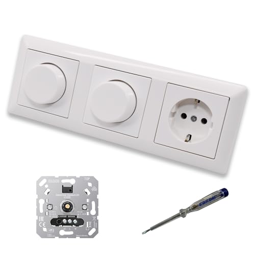 EBROM SET IDEE: JUNG 1730DD (2 x) LED Drehdimmer Dimmer + Scheiben A1740WW und Steckdose mit Kinderschutz A1520KIWW in alpinweiß glänzend + EBROM Phasenprüfer zur Montage der Geräte u.A. 1730 DD von EBROM SET IDEE