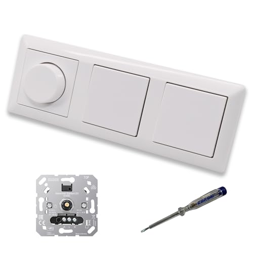 EBROM SET IDEE: JUNG 1730DD LED Drehdimmer Dimmer + Dimmerscheibe A1740WW und 2 x Kreuzschalter 507U in alpinweiß glänzend inklusive EBROM Phasenprüfer zur Montage der Geräte u.A. 1730 DD von EBROM SET IDEE