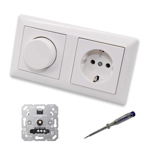 EBROM SET IDEE: JUNG 1730DD LED Drehdimmer Dimmer + Dimmerscheibe A1740WW und Steckdose A1520WW in alpinweiß glänzend inklusive EBROM Phasenprüfer zur Montage der Geräte u.A. 1730 DD von EBROM SET IDEE