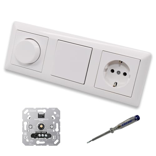 EBROM SET IDEE: JUNG 1730DD LED Drehdimmer Dimmer + Scheibe A1740WW + Lichtschalter 506U + Steckdose Kinderschutz A1520KIWW alpinweiß glänzend + EBROM Phasenprüfer zur Montage der Geräte u.A. 1730 DD von EBROM SET IDEE