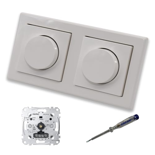 EBROM SET IDEE: Merten MEG5134-0000 (2 Stück) LED Drehdimmer Dimmer + Dimmerscheiben MEG5250-0319 in polarweiß glänzend System M Smart im 2-fach Rahmen inkl. EBROM Phasenprüfer zur Montage der Geräte von EBROM SET IDEE
