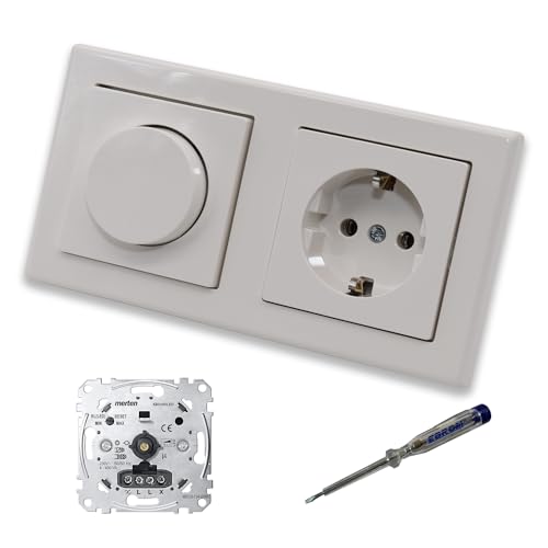 EBROM SET IDEE: Merten MEG5134-0000 LED Drehdimmer Dimmer + Dimmerscheibe MEG5250-0319 und Steckdose MEG2301-0319 in polarweiß glänzend System M Smart inkl. EBROM Phasenprüfer zur Montage der Geräte von EBROM SET IDEE