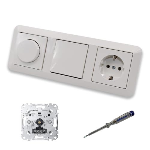 EBROM SET IDEE: Merten MEG5134-0000 LED Drehdimmer Dimmer + MEG5250-0319 + Taster MEG3150-0000 + Steckdose MEG2301-0319 polarweiß glänzend System M + EBROM Phasenprüfer zur Montage der Geräte von EBROM SET IDEE