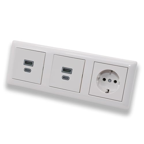 EBROM USB-C und USB-A Unterputz Steckdose/Lader (2 Stück), 45+15 Watt Leistung – Schnellladefunktion für Wearables, Smartphones Tablets + Gira System 55 reinweiß glänzend Steckdose 018803 von EBROM SET IDEE