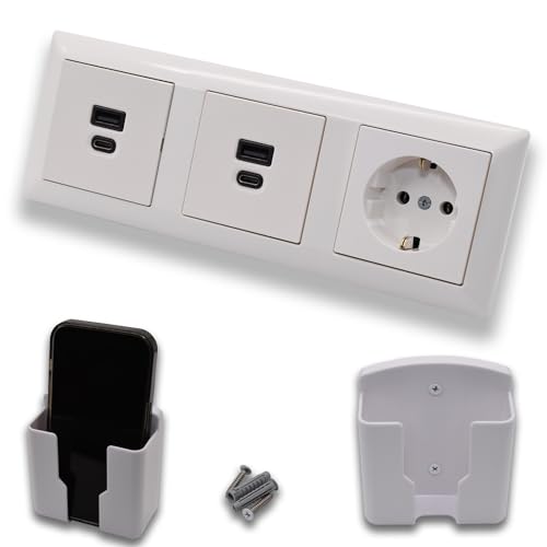 EBROM USB-C und USB-A Unterputz Steckdose (2 Stück) mit Wandhalterung, 45+15 Watt Leistung – Schnellladefunktion für Wearables, Smartphones Tablets + Jung AS500 alpinweiß glänzend Steckdose A1520WW von EBROM SET IDEE