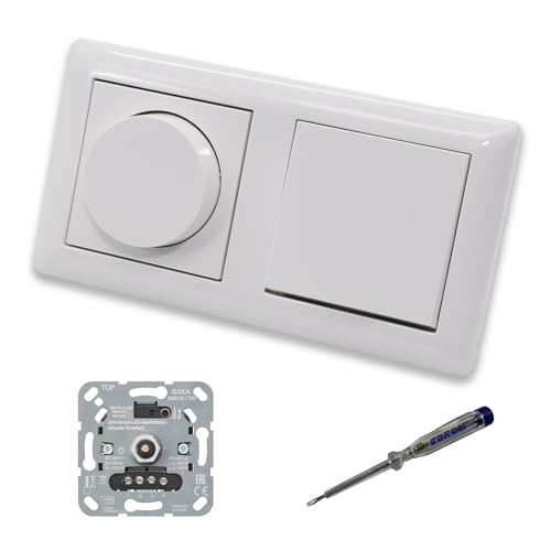 GIRA 245500 LED Drehdimmer Dimmer + Dimmerscheibe Zentralscheibe 065003 und Lichtschalter 010600 in System55 reinweiß glänzend inklusive EBROM Phasenprüfer zur Montage der Geräte von EBROM SET IDEE