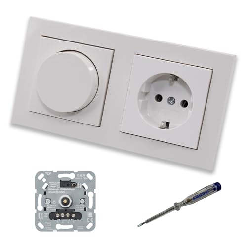 GIRA 245500 LED Drehdimmer Dimmer + Dimmerscheibe Zentralscheibe 065003 und Steckdose 418803 in Gira E2 reinweiß glänzend inklusive EBROM Phasenprüfer zur Montage der Geräte von EBROM SET IDEE