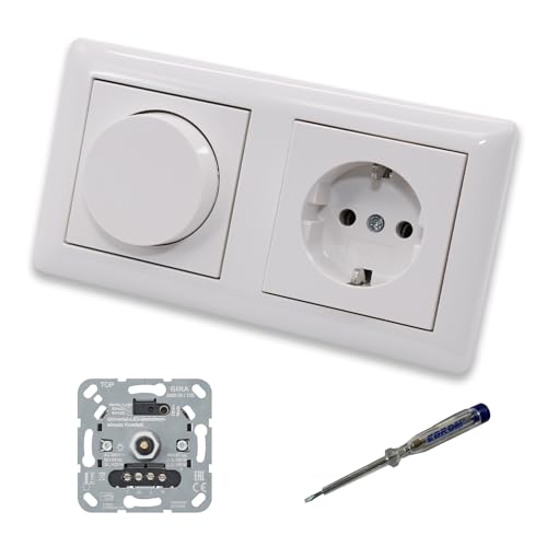 GIRA 245500 LED Drehdimmer Dimmer + Dimmerscheibe Zentralscheibe 065003 und Steckdose 418803 in System55 reinweiß glänzend inklusive EBROM Phasenprüfer zur Montage der Geräte von EBROM SET IDEE