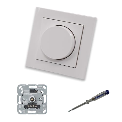 GIRA 245500 LED-Drehdimmer LED-Dimmer mit Dimmerscheibe Zentralscheibe Zentralplatte 065003 Einfachrahmen in Gira E2 reinweiß glänzend inklusive EBROM Phasenprüfer zur Montage des Dimmers von EBROM SET IDEE