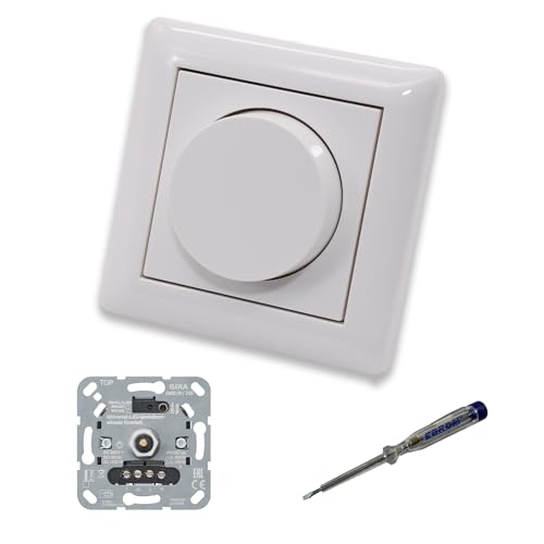 GIRA 245500 LED-Drehdimmer LED-Dimmer mit Dimmerscheibe Zentralscheibe Zentralplatte 065003 Einfachrahmen in System55 reinweiß glänzend inklusive EBROM Phasenprüfer zur Montage des Dimmers von EBROM SET IDEE