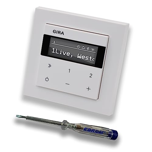 Gira Unterputz IP Internetradio 232003 + Bluetooth - E2 reinweiß glänzend mit 1fach Rahmen Gira 021129 inkl. EBROM Phasenprüfer zur Montage des Geräts von EBROM SET IDEE