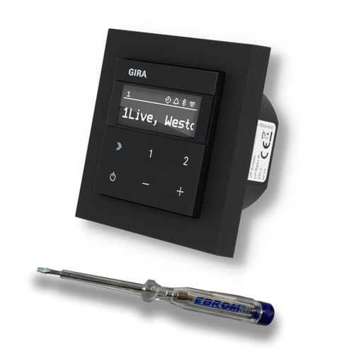 Gira Unterputz IP Internetradio 232003 + Bluetooth - E2 schwarz matt mit 1fach Rahmen Gira 021109 inkl. EBROM Phasenprüfer zur Montage des Geräts von EBROM SET IDEE