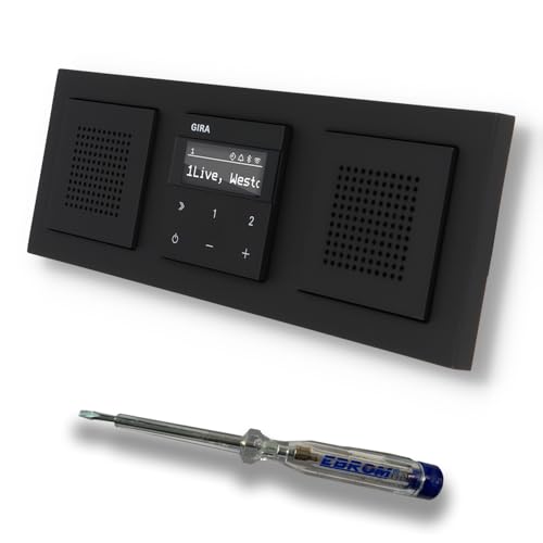 Gira Unterputz IP Internetradio 232003 + Bluetooth Komplett-Set mit 2 x Lautsprecher - E2 schwarz matt mit 3fach Rahmen Gira 021309 inkl. EBROM Phasenprüfer zur Montage der Geräte Gira Unterputz IP Internetradio 232003 + Bluetooth Komplett-Set mit 2 x Lautsprecher - E2 schwarz matt mit 3fach Rahmen Gira 021309 inkl. EBROM Phasenprüfer zur Montage der Geräte von EBROM SET IDEE