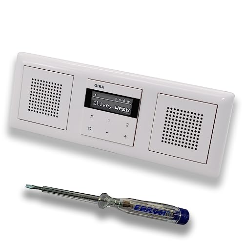 Gira Unterputz IP Internetradio 232003 + Bluetooth Komplett-Set mit 2 x Lautsprecher - System 55 - reinweiß glänzend mit 3fach Rahmen Gira 021303 inkl. EBROM Phasenprüfer zur Montage der Geräte von EBROM SET IDEE