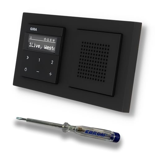 Gira Unterputz IP Internetradio 232003 + Bluetooth Komplett-Set mit Lautsprecher - E2 schwarz matt mit 2fach Rahmen Gira 021209 inkl. EBROM Phasenprüfer zur Montage der Geräte von EBROM SET IDEE