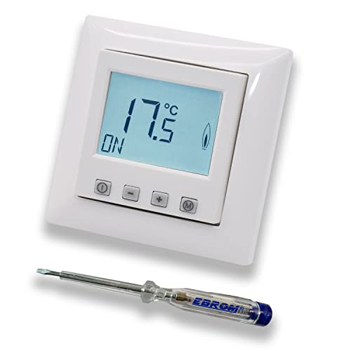 Halmburger Digitales Raumthermostat Raumtemperaturregler ERD-55rg DIGITAL in Busch Jäger Balance SI alpinweiß, 1-Fach Rahmen + EBROM Phasenprüfer zur Montage des Geräts ERD-55 (rg) Fußbodenheizung von EBROM SET IDEE