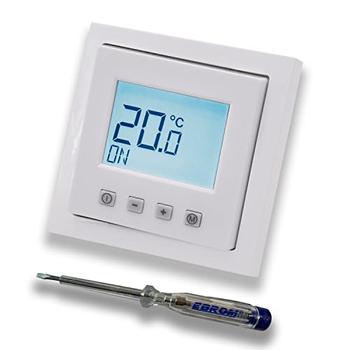 Halmburger Digitales Raumthermostat Raumtemperaturregler ERD-62sg DIGITAL in Busch Jäger Future Linear Studioweiß glänzend Rahmen + EBROM Phasenprüfer z. Montage des Geräts ERD-62 (sg) Fußbodenheizung von EBROM SET IDEE