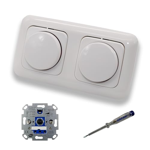 REV Ritter (2 Stück) LED Drehdimmer Dimmer + Busch Jäger Dimmerscheiben 2115-214 in ReflexSi alpinweiß glänzend im 2-fach Rahmen inkl. EBROM Phasenprüfer zur Montage der Geräte ET1 66012B von EBROM SET IDEE