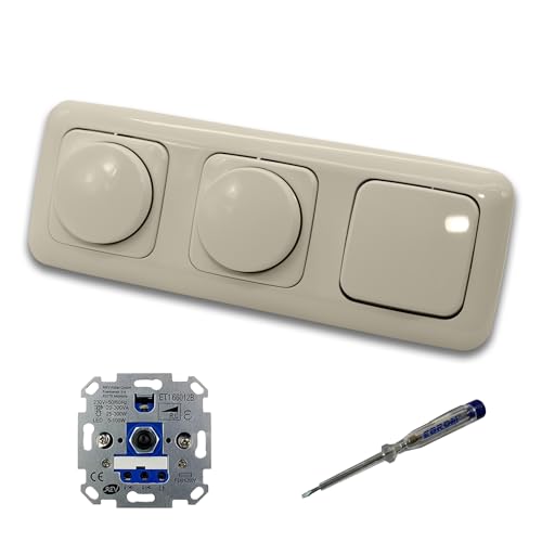 REV Ritter (2 x) LED Drehdimmer Dimmer + Busch Jäger Dimmerscheiben 2115-212 und Lichtschalter 2000/6 US in DURO2000 cremeweiß glänzend inklusive EBROM Phasenprüfer zur Montage der Geräte ET1 66012B von EBROM SET IDEE