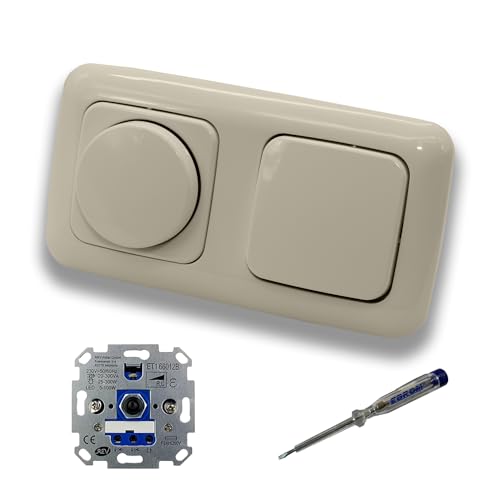 REV Ritter LED Drehdimmer Dimmer + Busch Jäger Dimmerscheibe 2115-212 und Lichttaster 2020 US in DURO2000 cremeweiß glänzend inklusive EBROM Phasenprüfer zur Montage der Geräte ET1 66012B von EBROM SET IDEE